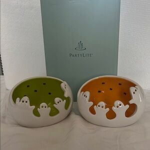 PartyLite Halloween Ghost Candle Holders - Green and Orange